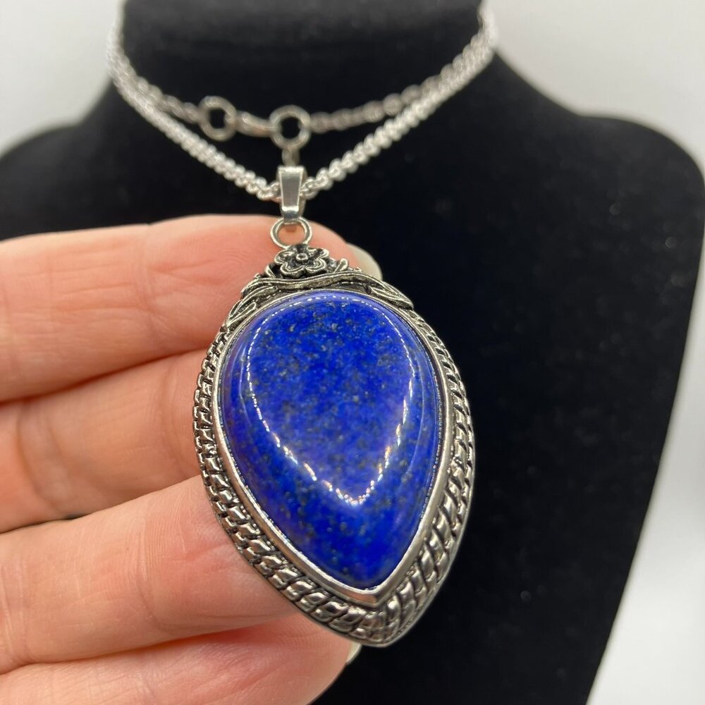 Lapis Lazuli Pendant Teardrop Shape Stainless Steel Diamond Cut Chain NEW